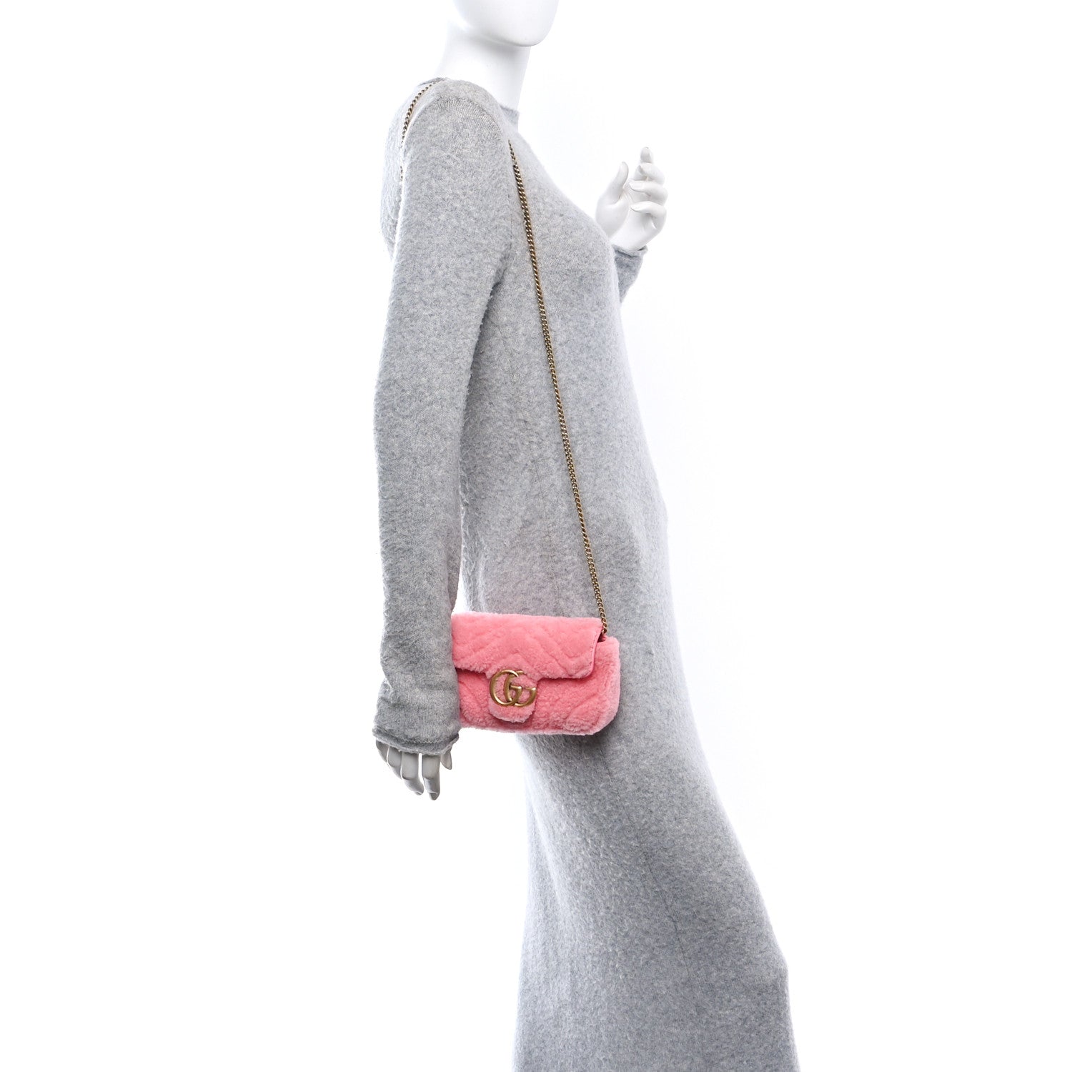 Gucci Shearling Matelasse Super Mini GG Marmont Shoulder Bag Lotus Pink 2 of 10