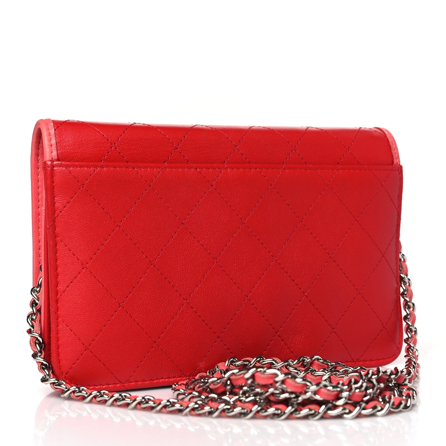 Chanel Calfskin Quilted Bi-Color Wallet On Chain WOC Red Pink 3 of 10