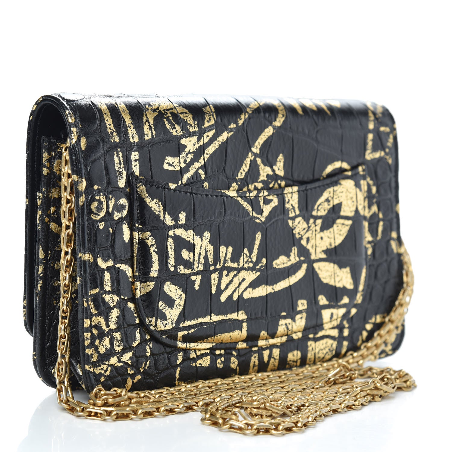 Chanel Calfskin Crocodile Embossed Graffiti 2.55 Cocodile Reissue Wallet On Chain WOC Black Gold 3 of 12