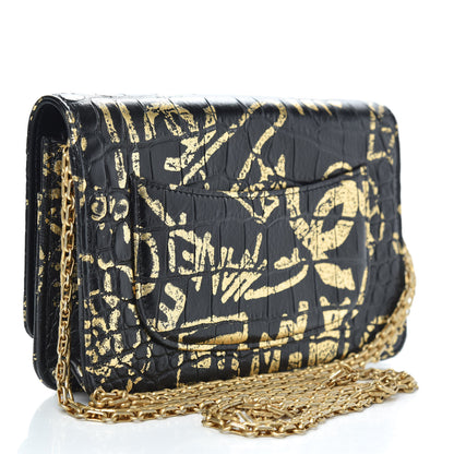 Chanel Calfskin Crocodile Embossed Graffiti 2.55 Cocodile Reissue Wallet On Chain WOC Black Gold 3 of 12