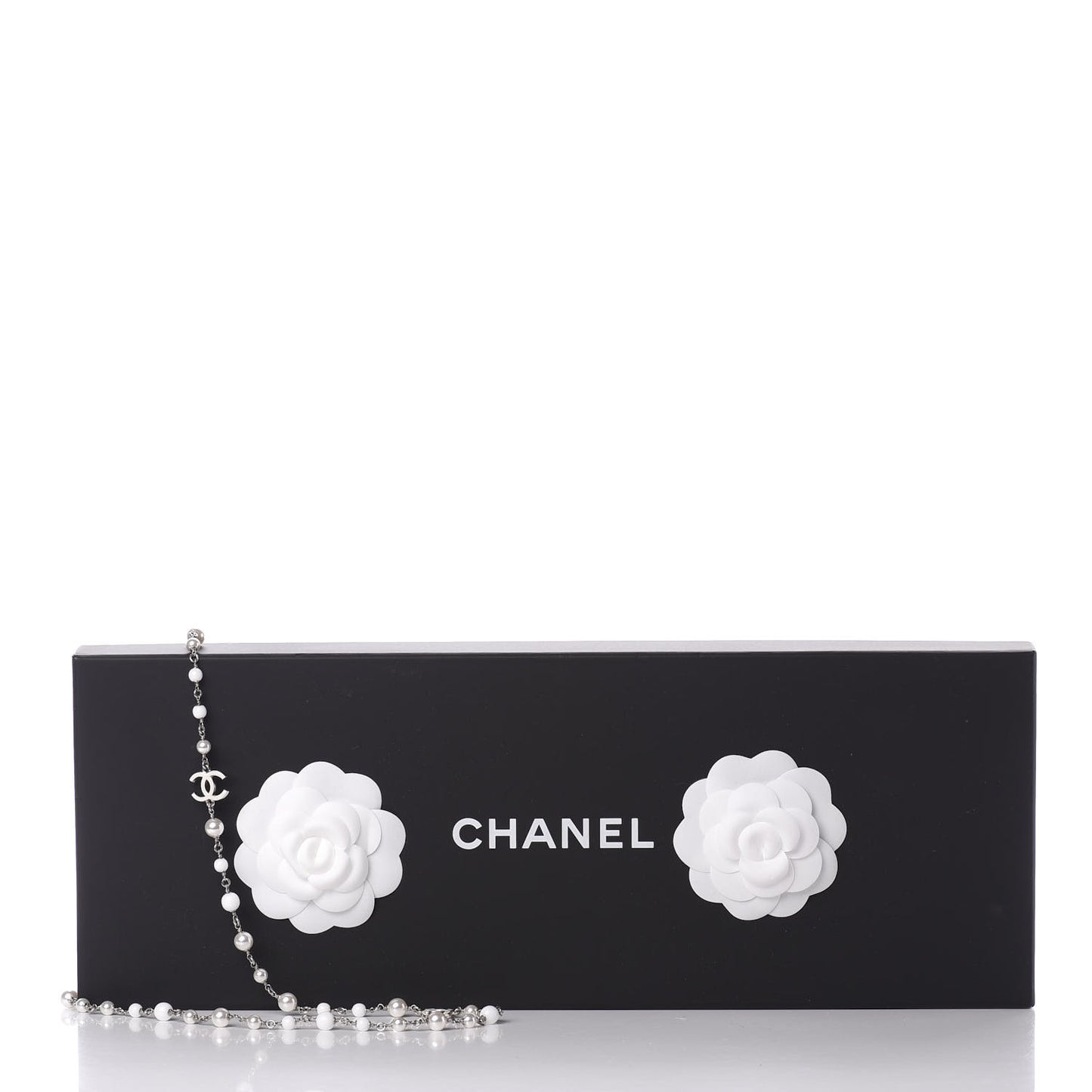 Enamel Beaded Pearl CC Long Necklace Silver Ivory