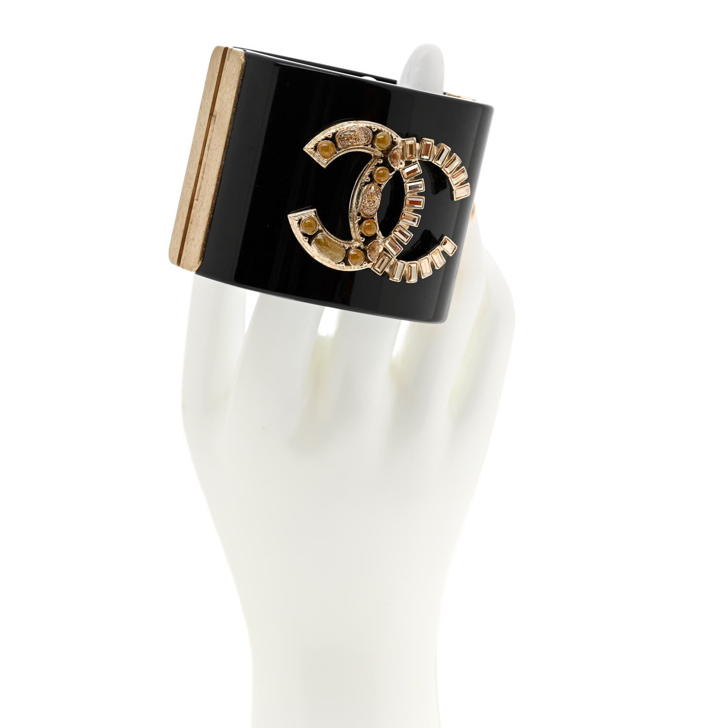 Chanel Resin Crystal CC Cuff Bracelet Black Gold 2 of 6