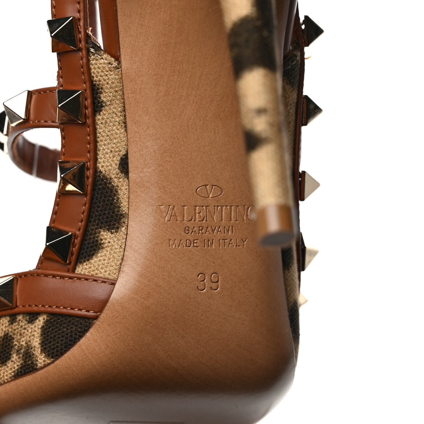 Canvas Leopard Print Rockstud Ankle Strap 100mm Pumps 39 Brown