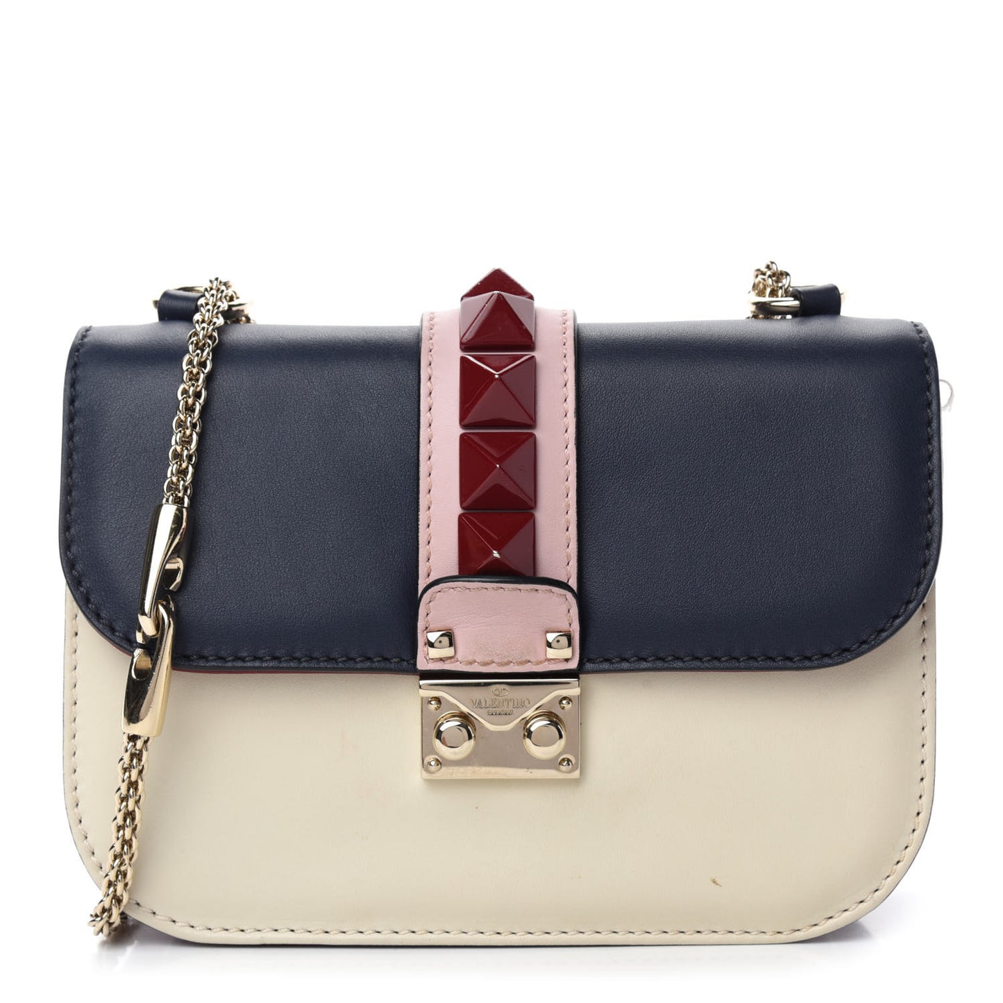 Vitello Small Glam Lock Rockstud Flap Light Ivory Water Rose Marine Rubin