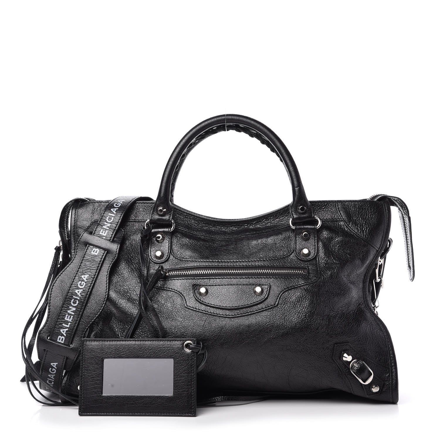 Balenciaga Agneau Classic Silver Hardware City Logo Strap Black White 1 of 9