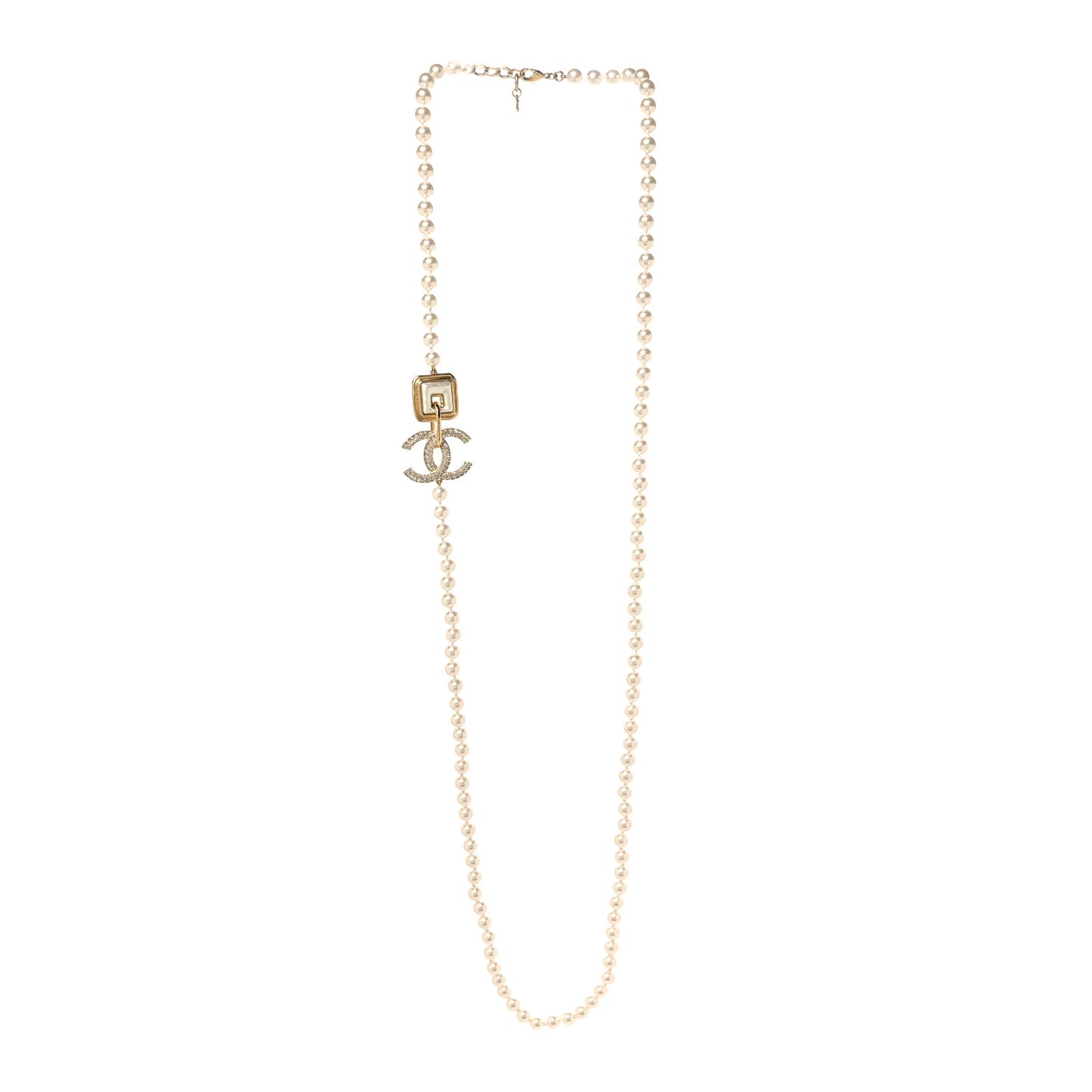Pearl Crystal Long CC Logo Necklace Gold