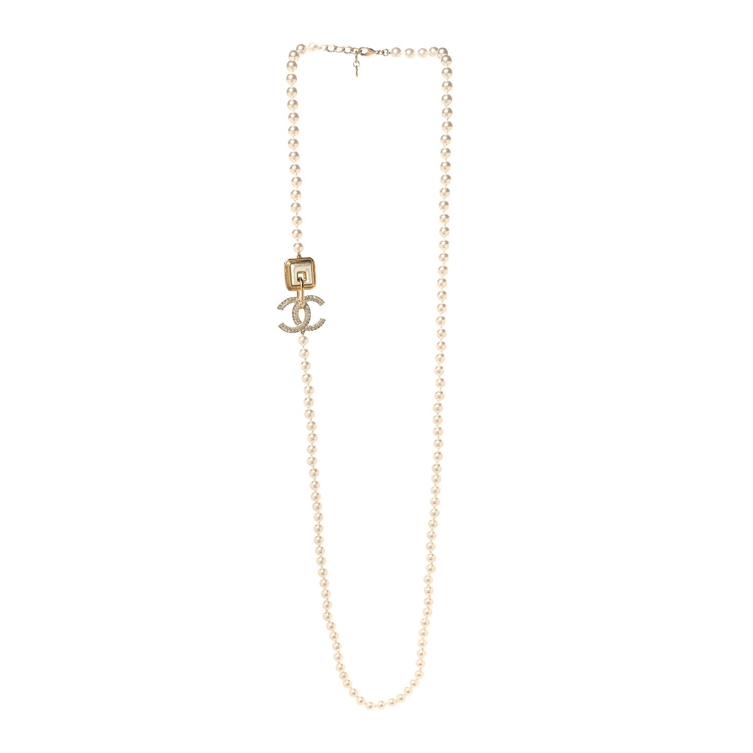 Chanel Pearl Crystal Long CC Logo Necklace Gold 3 of 4