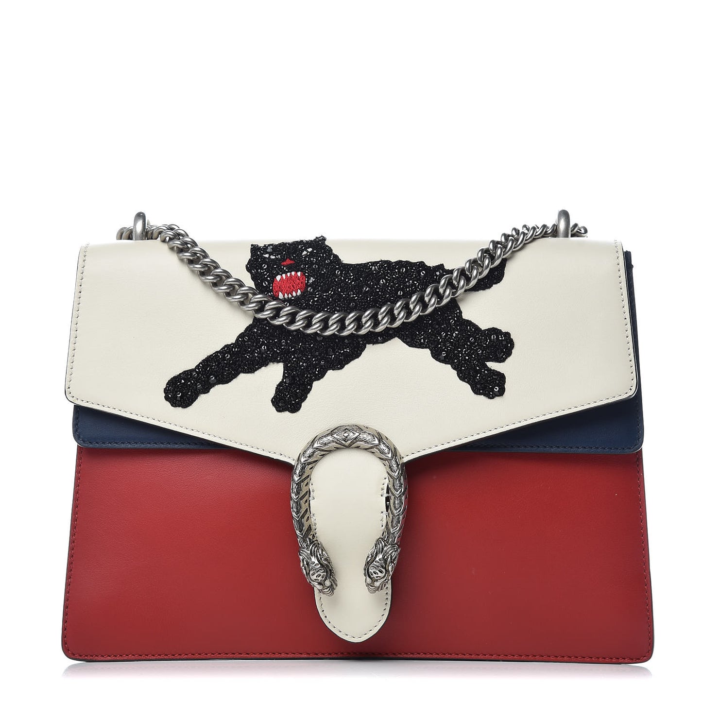 Calfskin Panther Embroidered Medium Dionysus Shoulder Bag White Blue Hibiscus Red