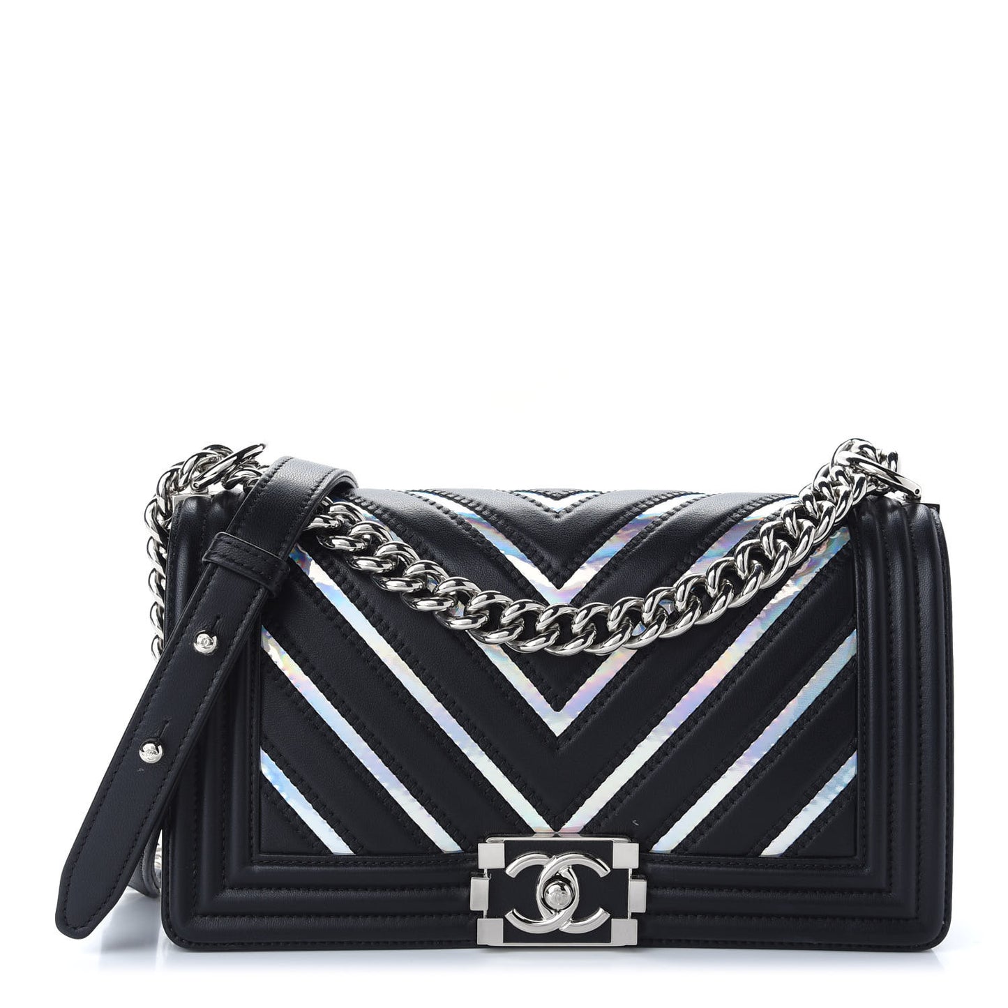 Lambskin Iridescent PVC Chevron Quilted Medium Boy Flap Black Silver
