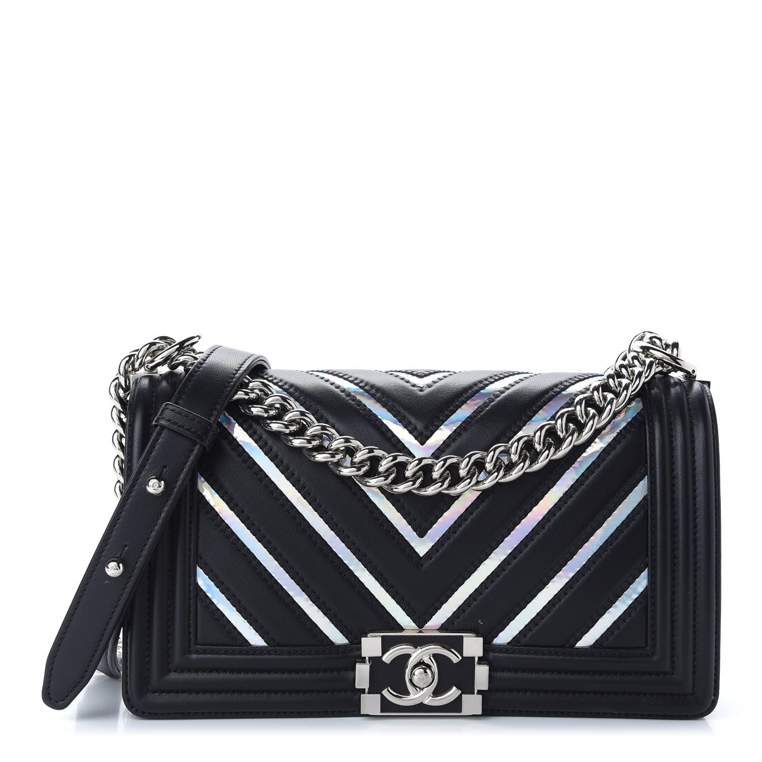 Chanel Lambskin Iridescent PVC Chevron Quilted Medium Boy Flap Black Silver 1 of 9