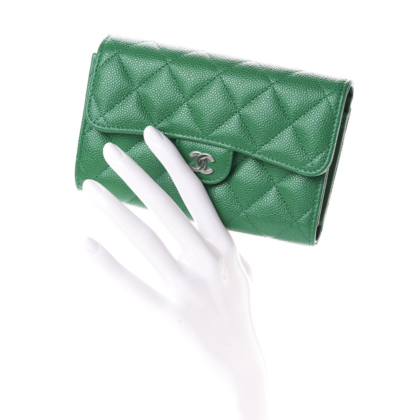 Metallic Caviar Quilted Medium Flap Wallet Green