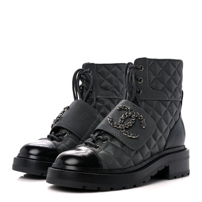 Chanel Calfskin Shiny Calfskin Quilted Lace Up Combat Boots 35 Dark Grey Black 3 of 10