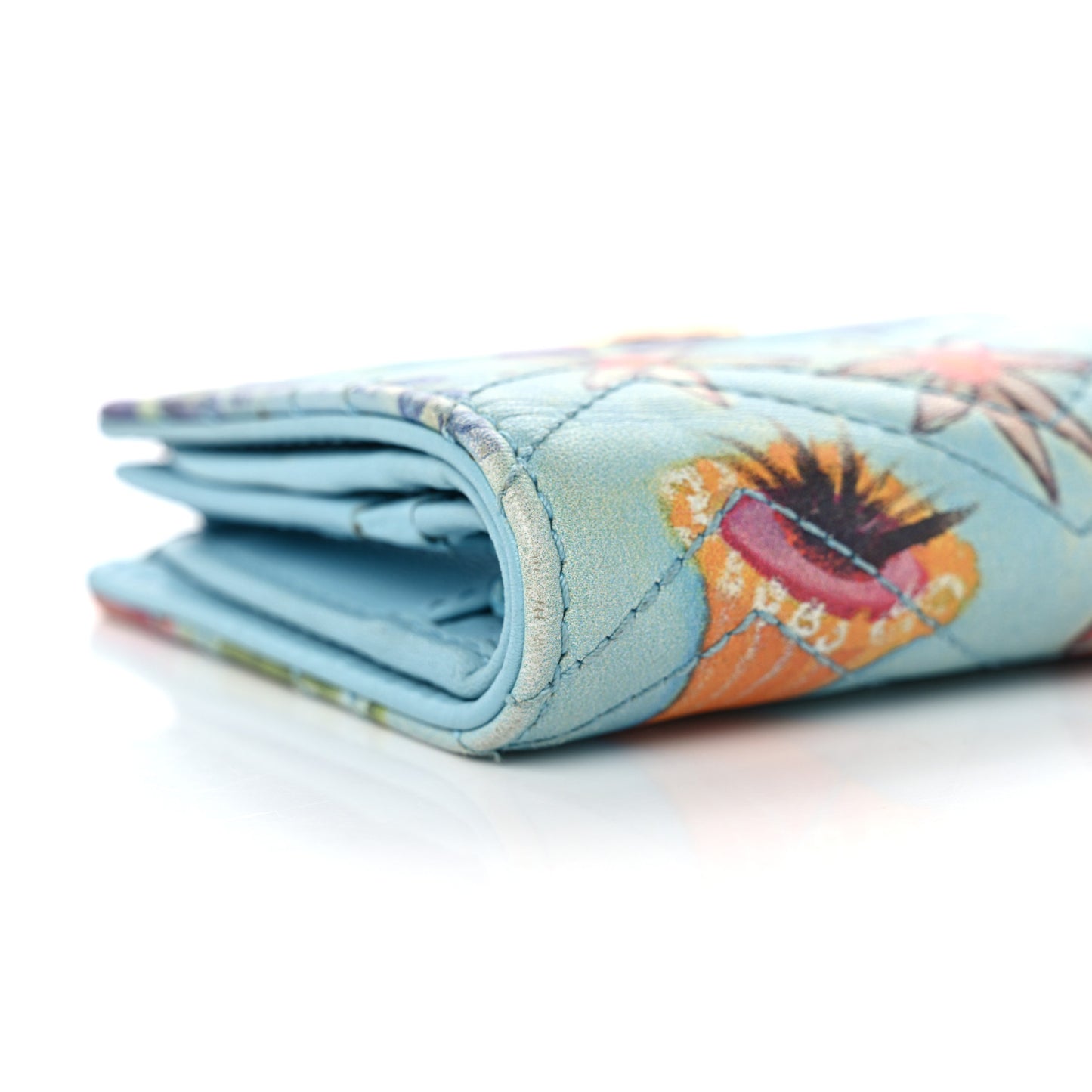X UNSKILLED WORKER Calfskin Matelasse Flora Painted GG Marmont Card Case Wallet Cloudy Blue Multicolor