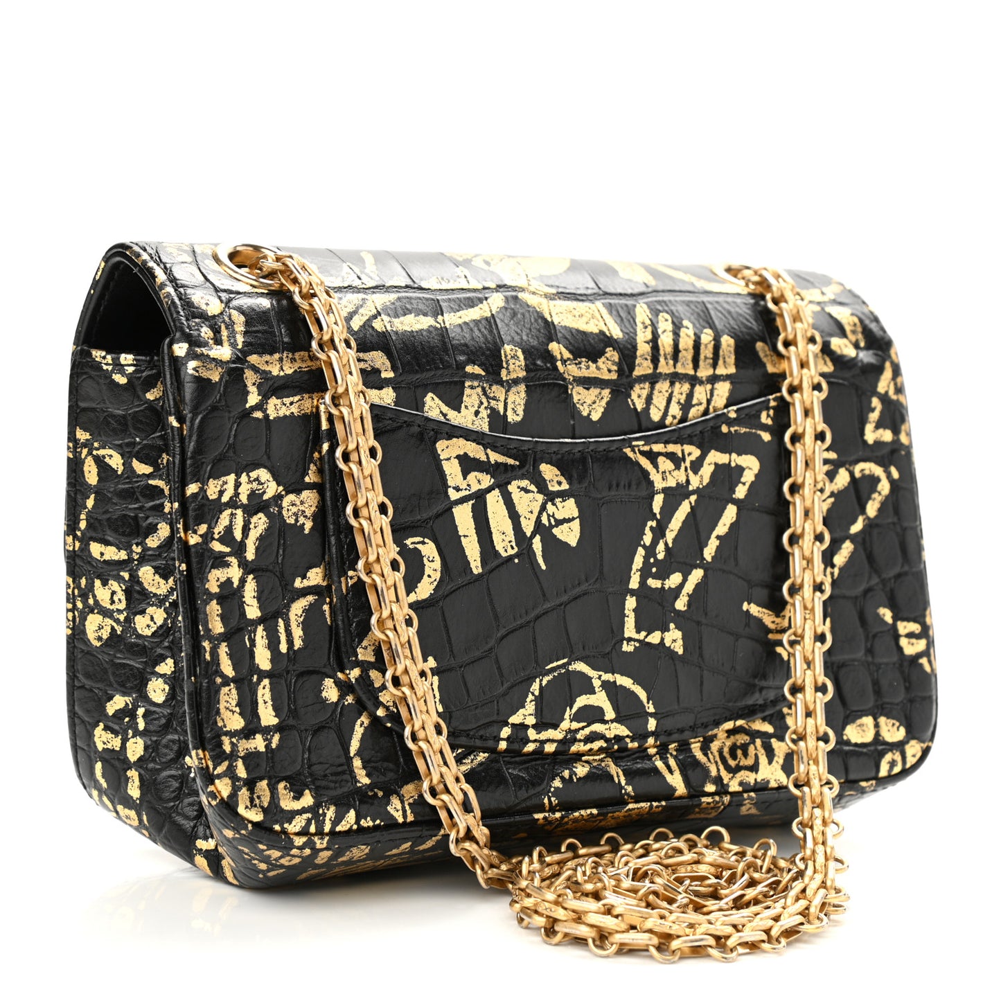 Calfskin Crocodile Embossed Graffiti 2.55 Mini Cocodile Reissue Flap Black Gold