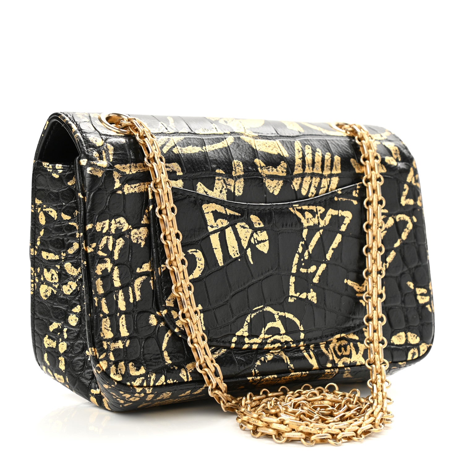 Chanel Calfskin Crocodile Embossed Graffiti 2.55 Mini Cocodile Reissue Flap Black Gold 3 of 11