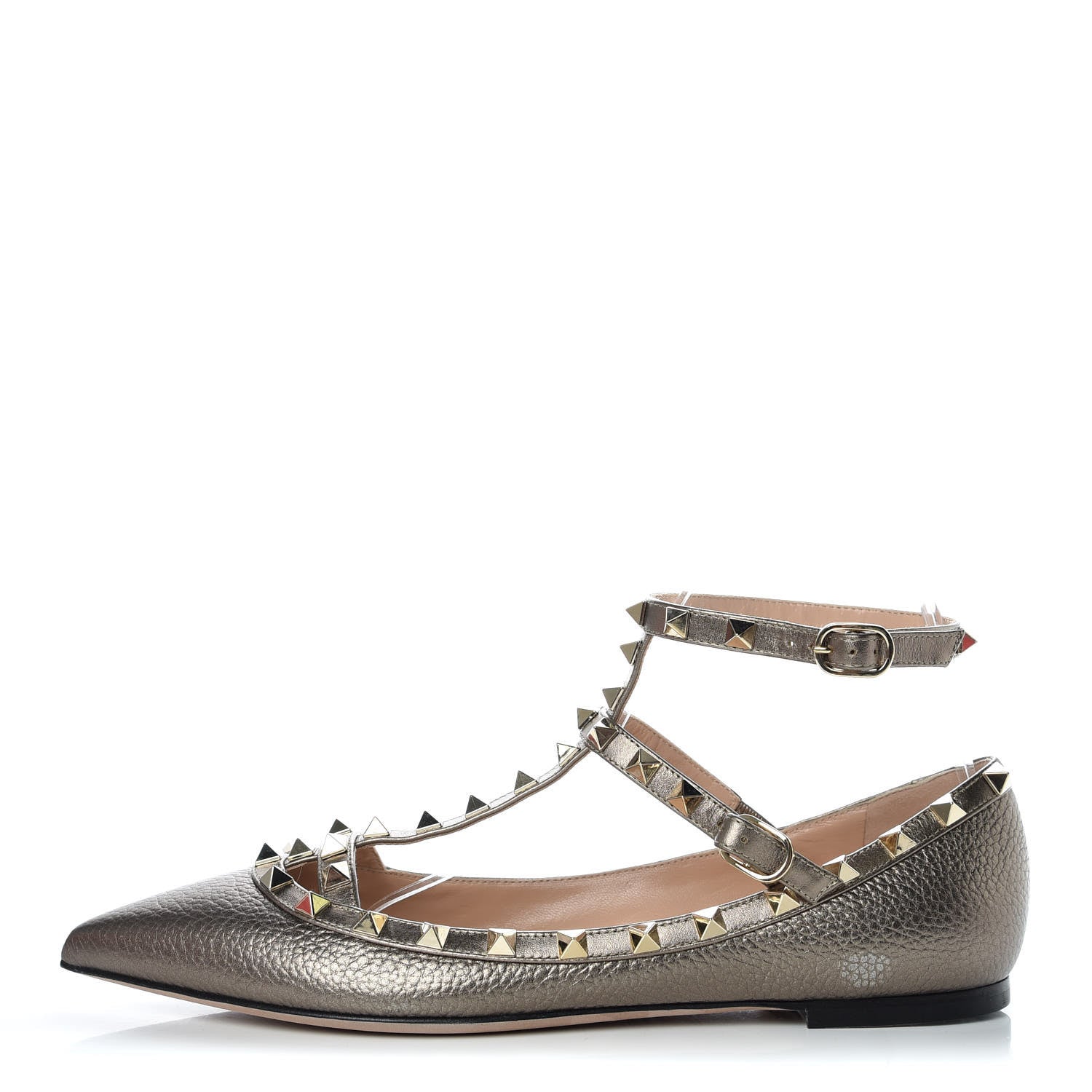 Valentino Garavani Metallic Pebbled Calfskin Rockstud Cage Ballerina Flats 39 Sasso 1 of 7