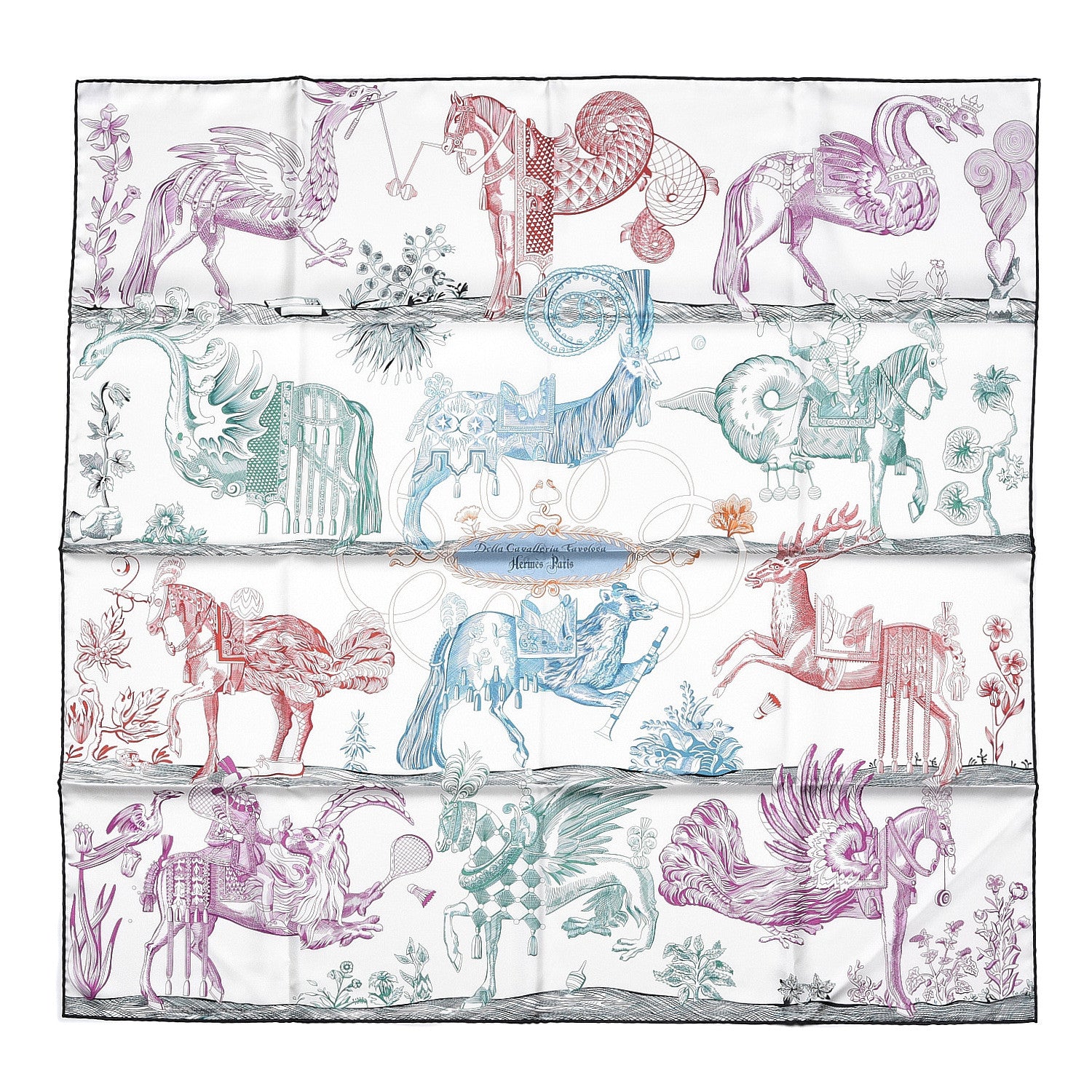 Hermes Silk Della Cavalleria Favolosa Reversible Scarf 90 Blanc Rouge Marine 1 of 4