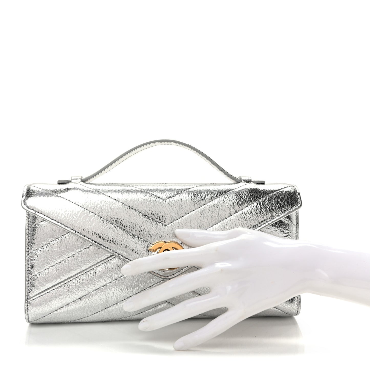 Metallic Aged Calfskin Chevron Quilted Top Handle Envelope Clutch Silver