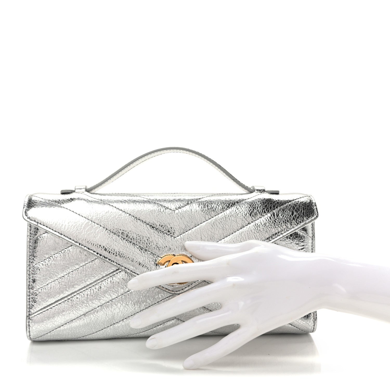 Chanel Metallic Aged Calfskin Chevron Quilted Top Handle Envelope Clutch Silver 2 of 10
