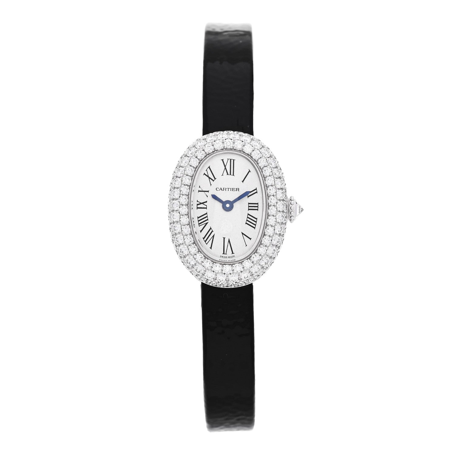 Cartier 18K White Gold Calfskin Diamond Bezel 19mm Baignoire Quartz Watch 1 of 5