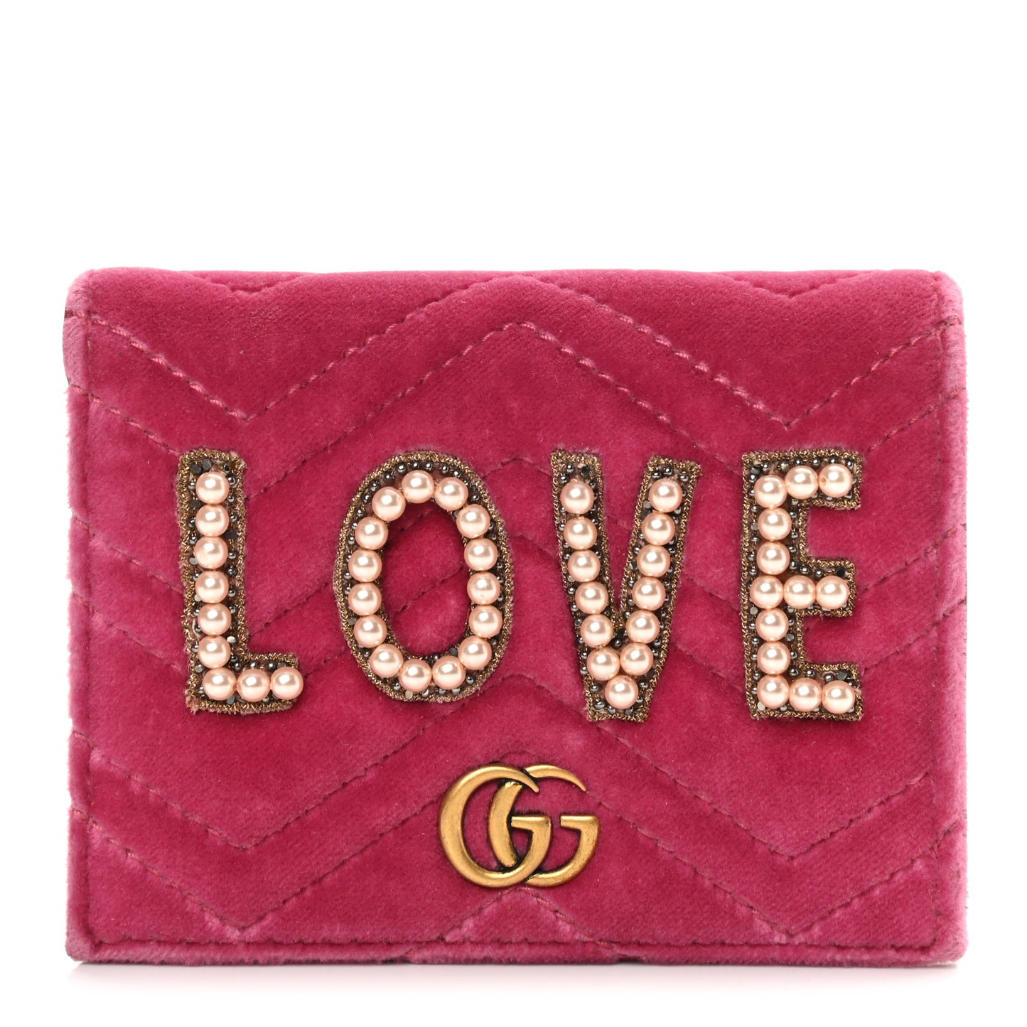 Velvet Matelasse Pearl Love Embroidered GG Marmont Card Case Wallet Light Raspberry Rose
