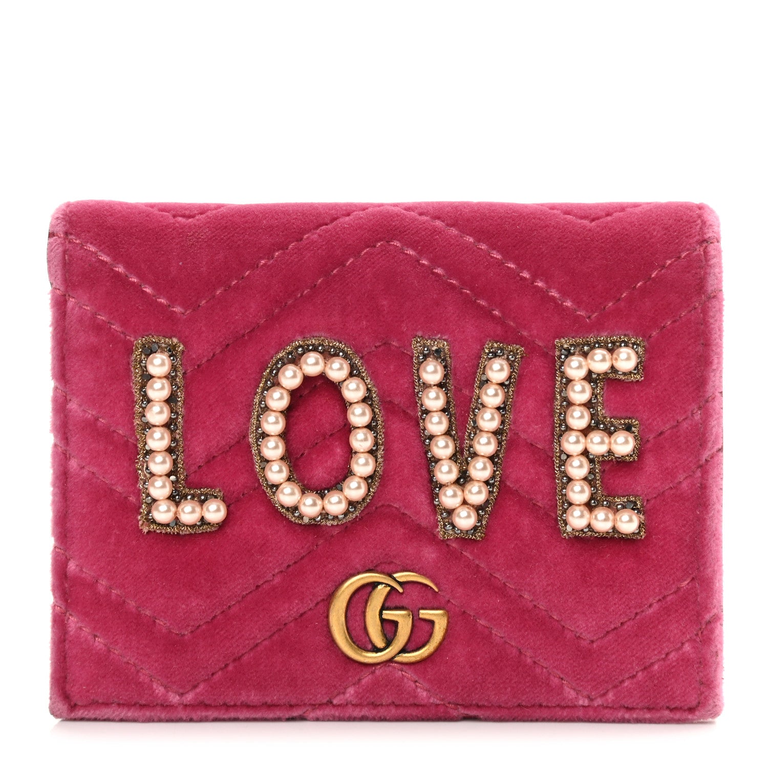 Gucci Velvet Matelasse Pearl Love Embroidered GG Marmont Card Case Wallet Light Raspberry Rose 1 of 9