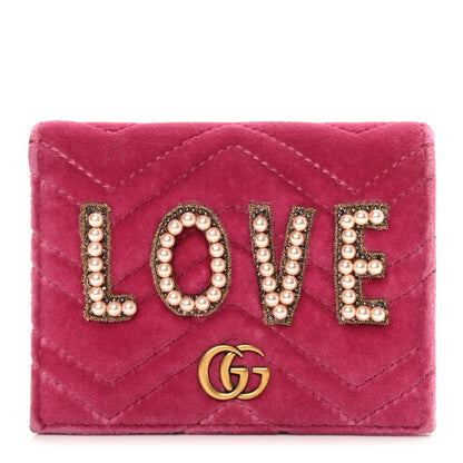 Gucci Velvet Matelasse Pearl Love Embroidered GG Marmont Card Case Wallet Light Raspberry Rose 1 of 9