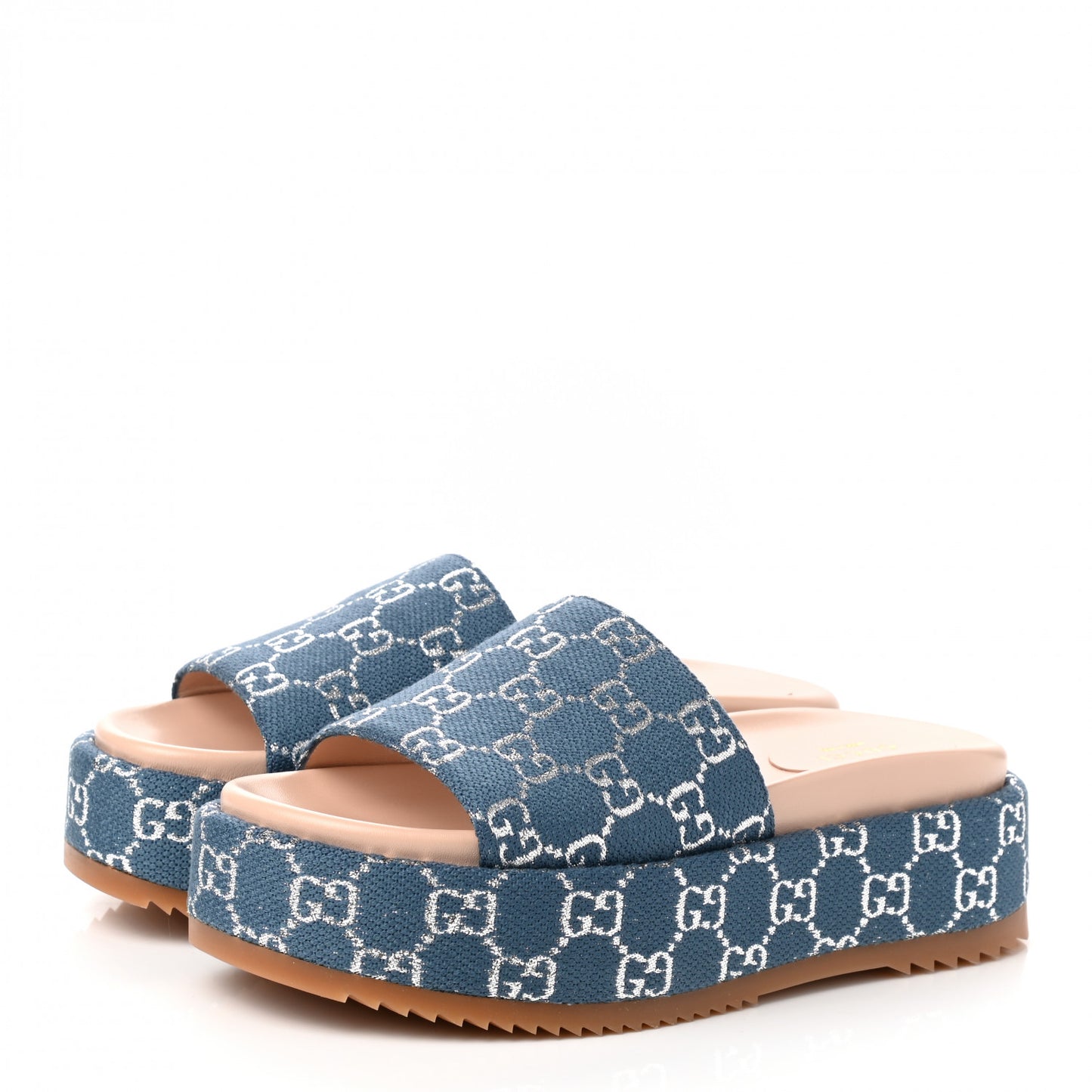Canvas Lame GG Monogram Angelina Platform 55mm Slide Sandals 38 Blue Silver