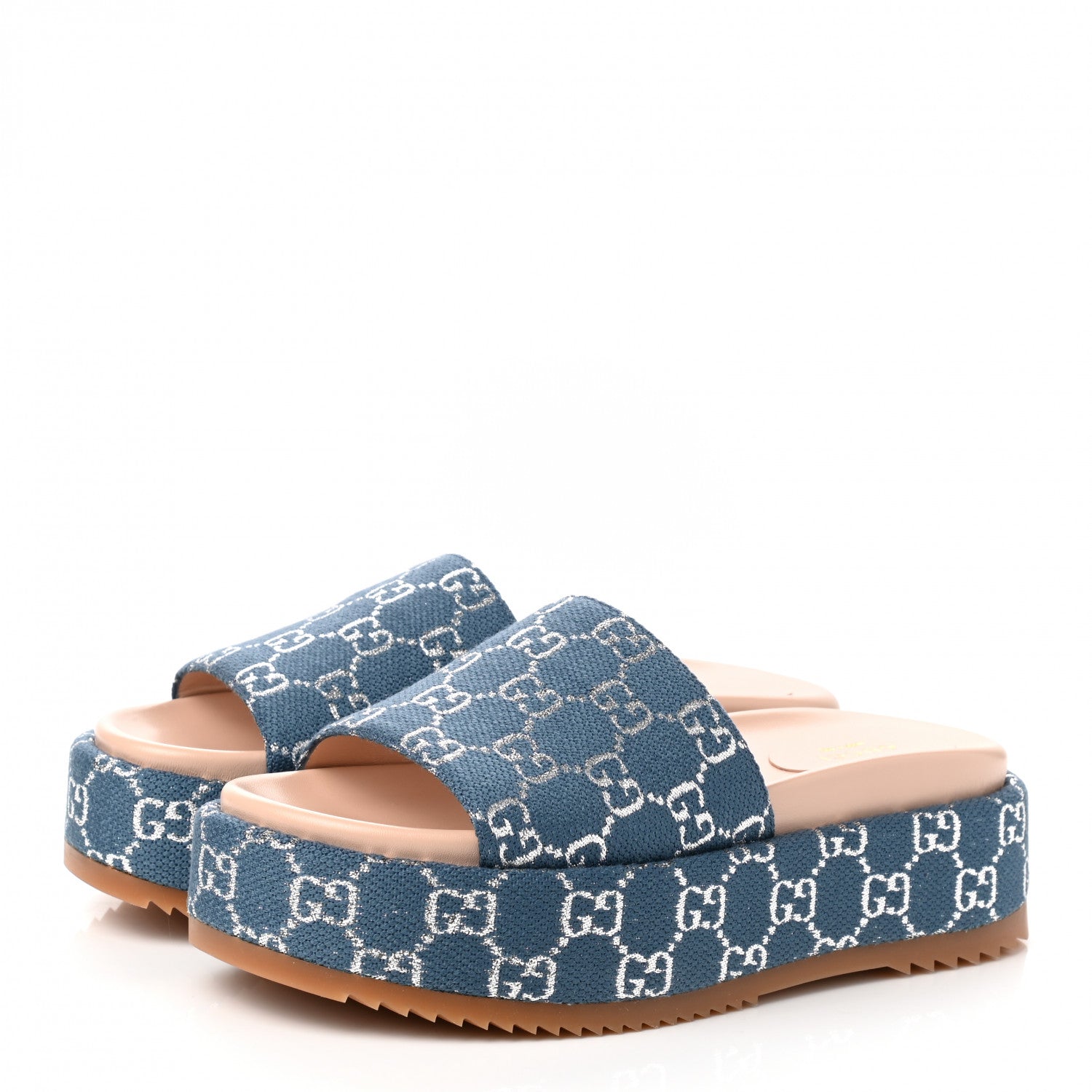 Gucci Canvas Lame GG Monogram Angelina Platform 55mm Slide Sandals 38 Blue Silver 3 of 9