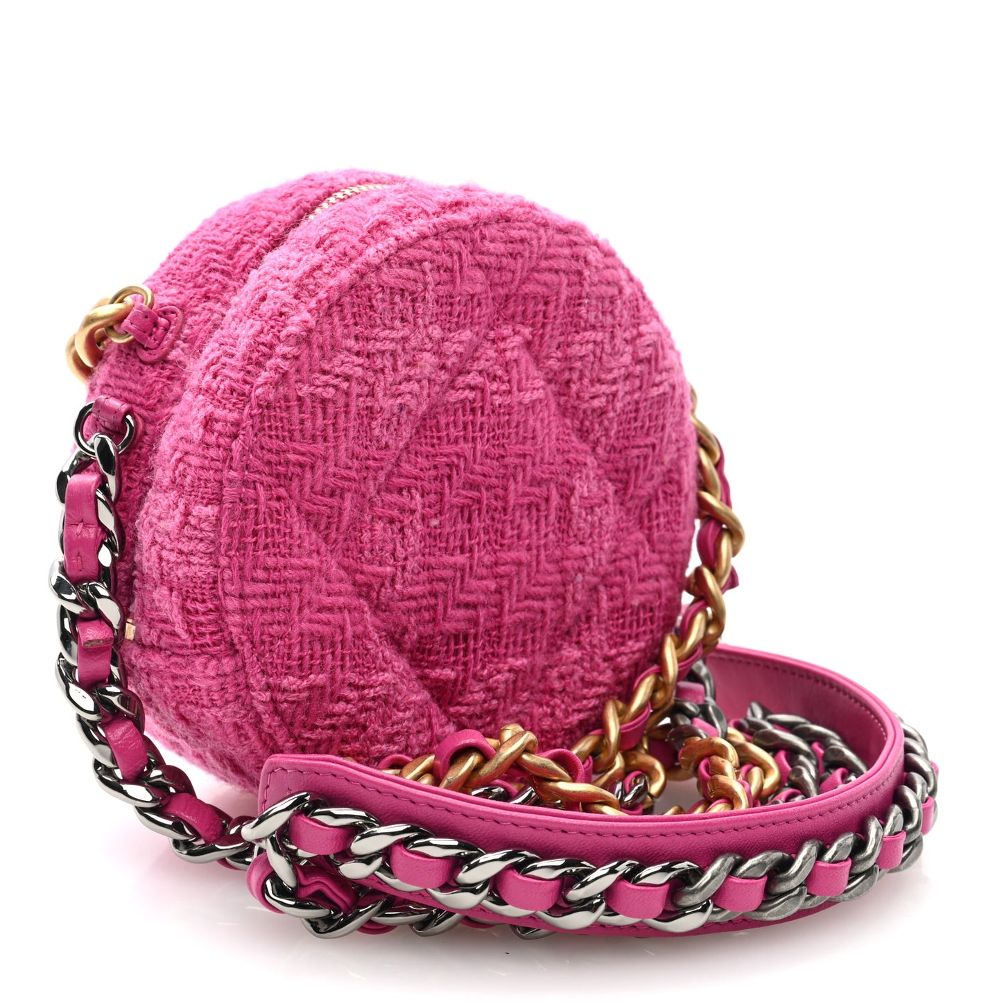 Wool Tweed Lambskin Quilted Chanel 19 Round Clutch With Chain and Coin Purse Fuchsia