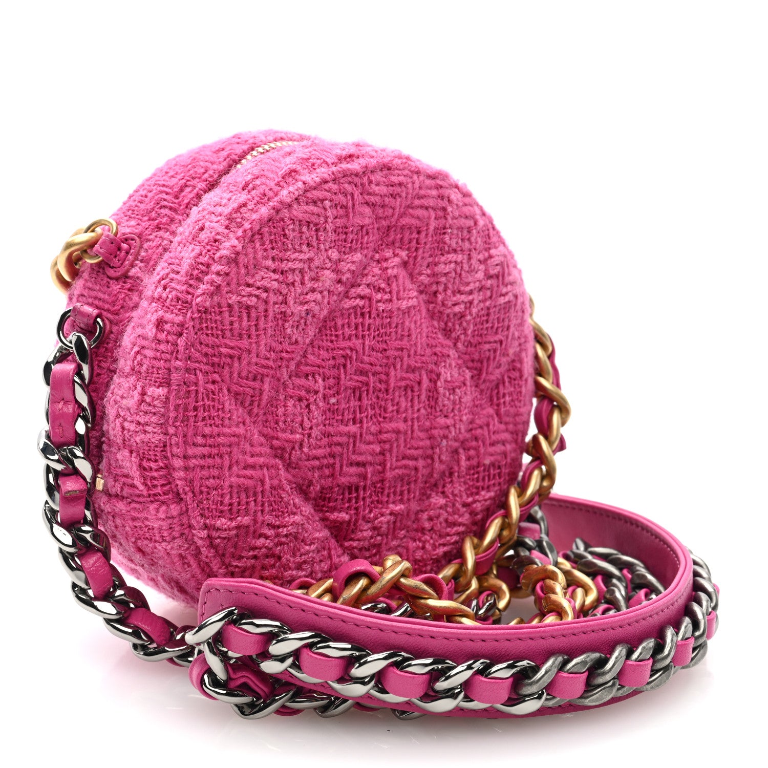 Chanel Wool Tweed Lambskin Quilted Chanel 19 Round Clutch With Chain and Coin Purse Fuchsia 4 of 10