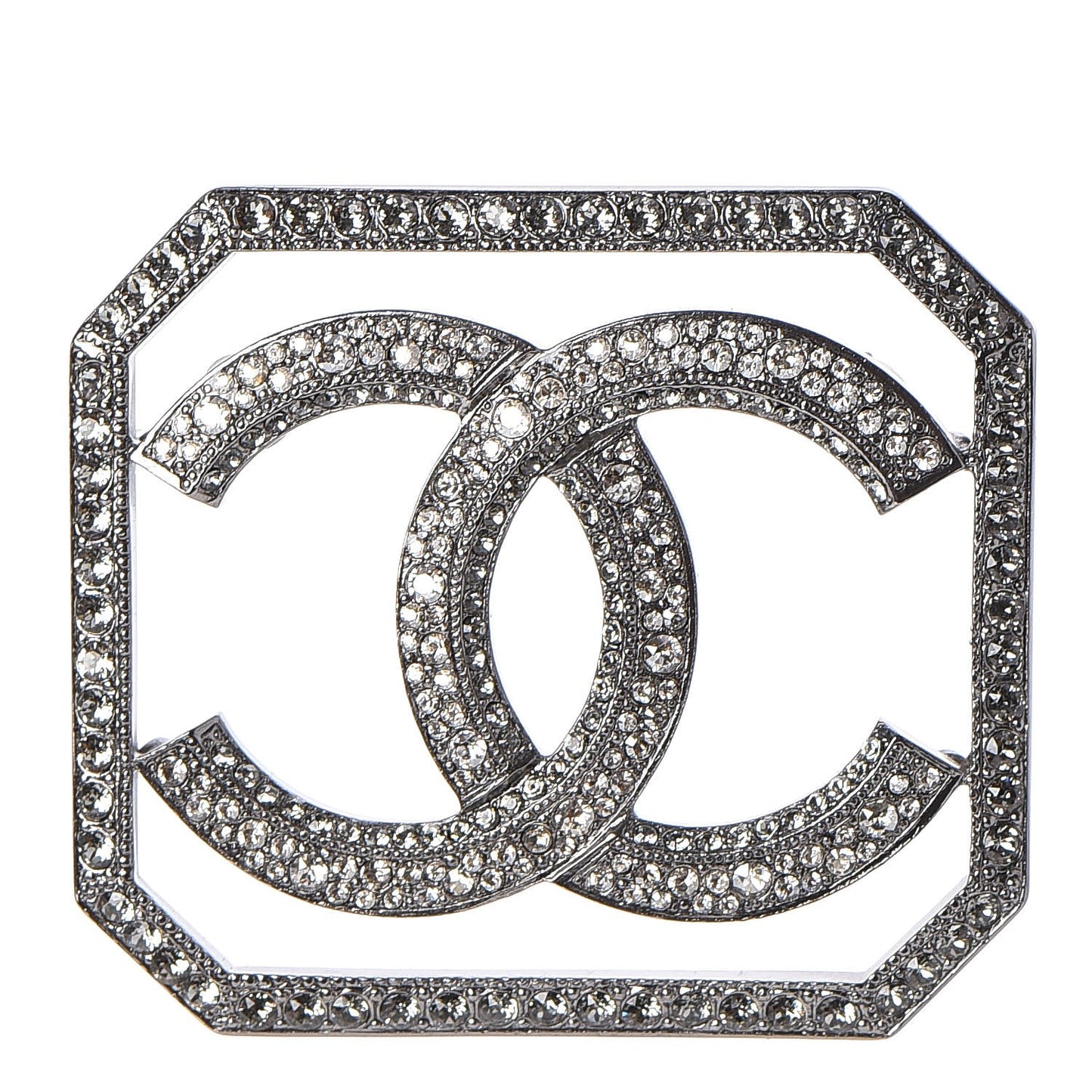 Metal Crystal CC Square Brooch Ruthenium