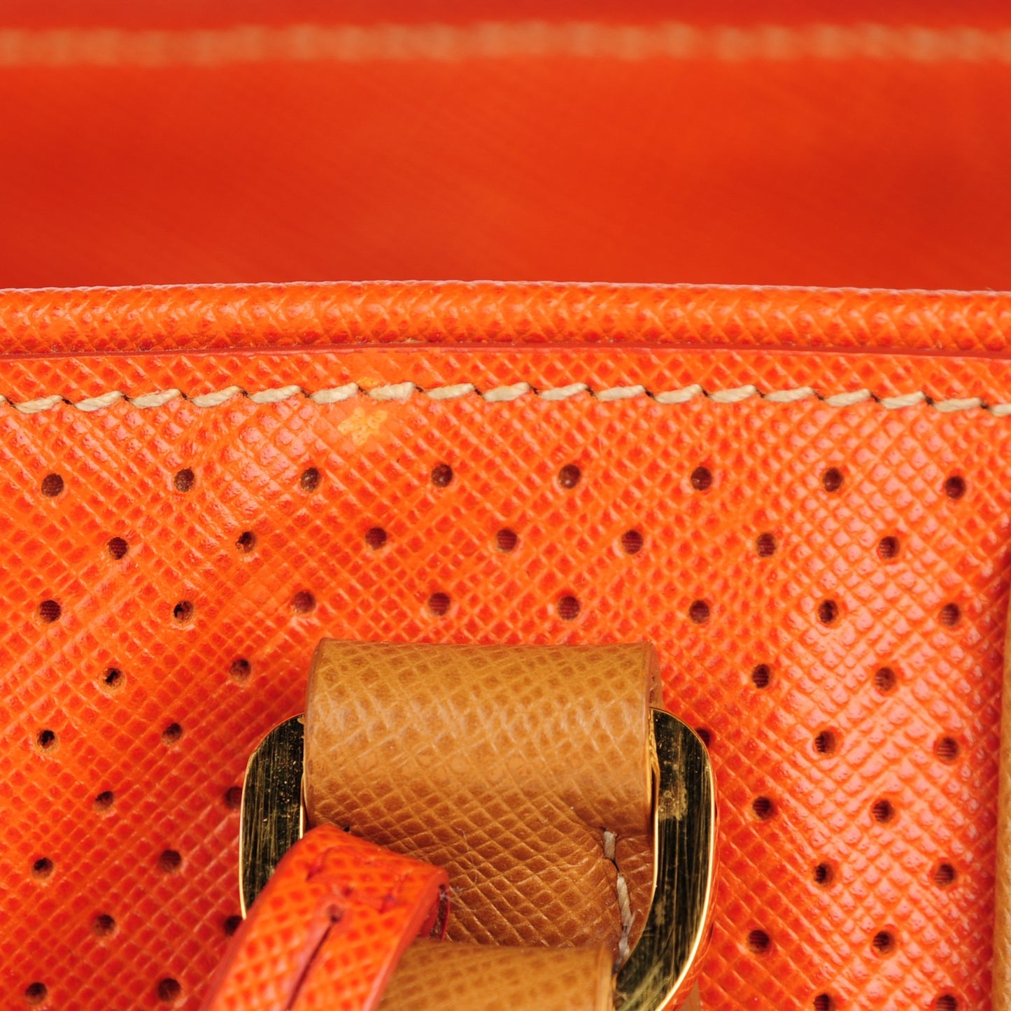 Saffiano Perforated Medium Striped Tote Papaya Caramel