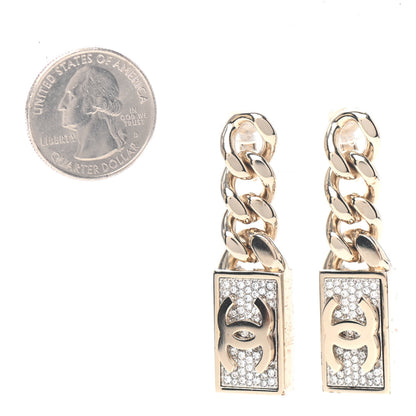 Chanel Crystal Dog Tag Charm Clip On Earrings Gold 2 of 4