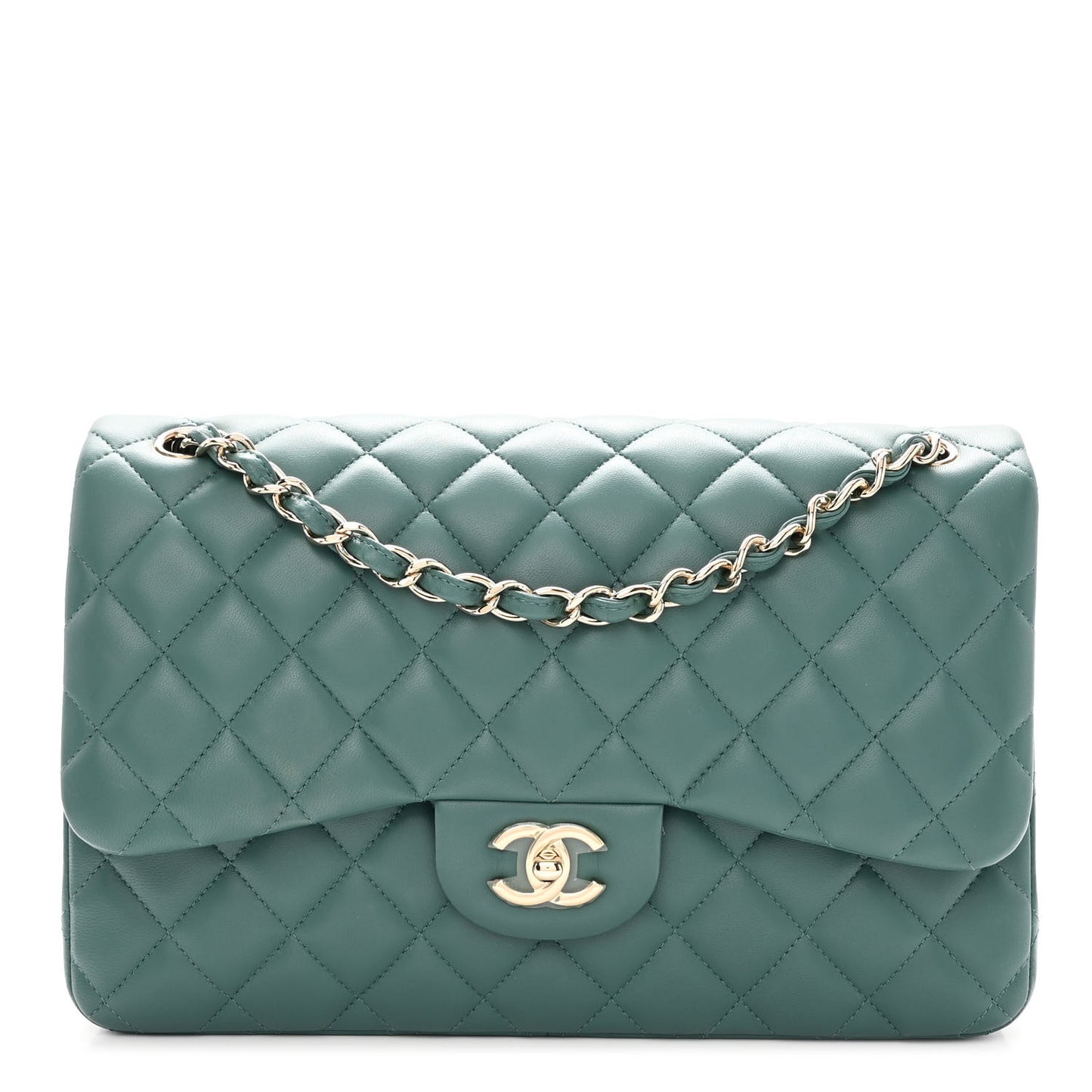 Lambskin Quilted Jumbo Double Flap Green