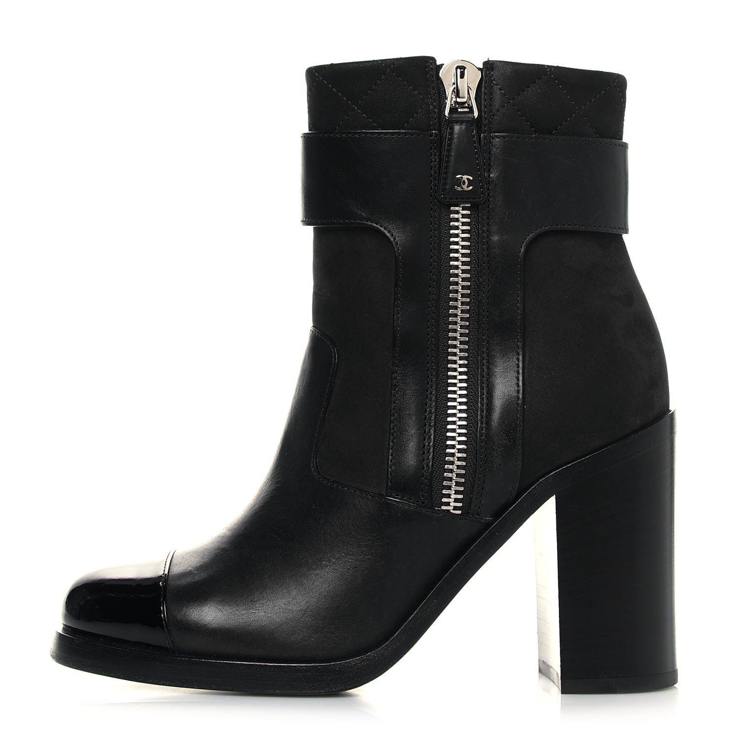 Chanel Calfskin Patent Cap Toe Short Ankle Boots 37 Navy Black 1 of 6