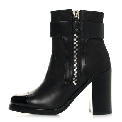 Chanel Calfskin Patent Cap Toe Short Ankle Boots 37 Navy Black 1 of 6