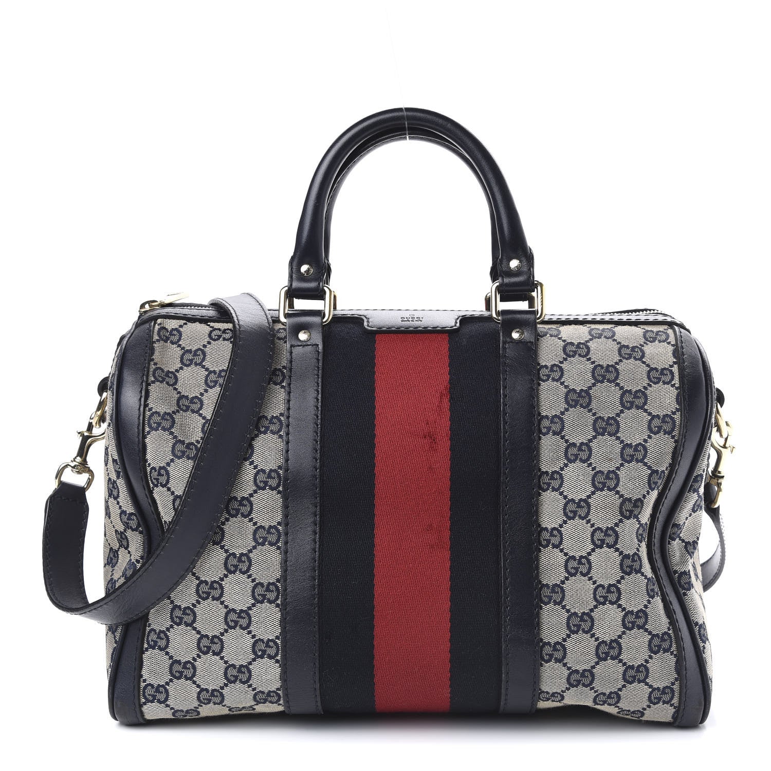Gucci Monogram Selleria Calfskin Vintage Web Medium Boston Beige Blue 1 of 11