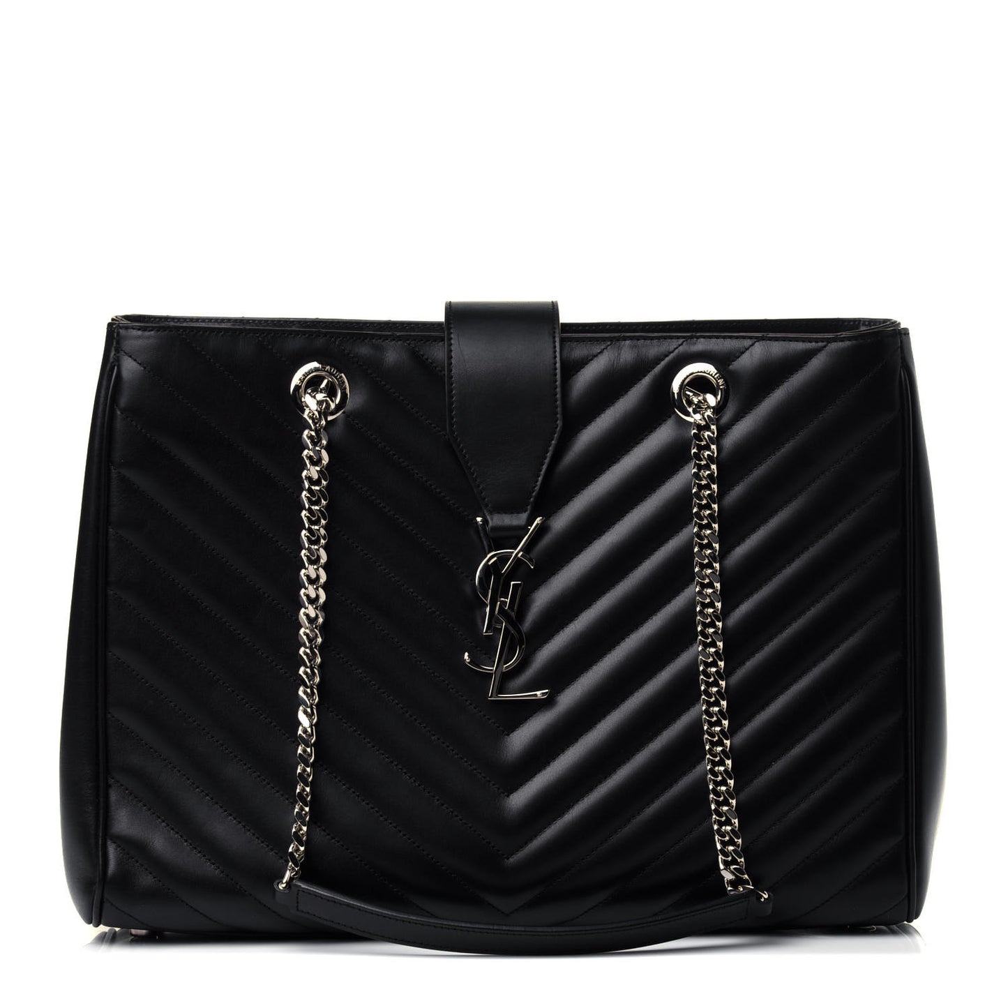 Smooth Calfskin Matelasse Chevron Large Monogram Shopping Bag Black