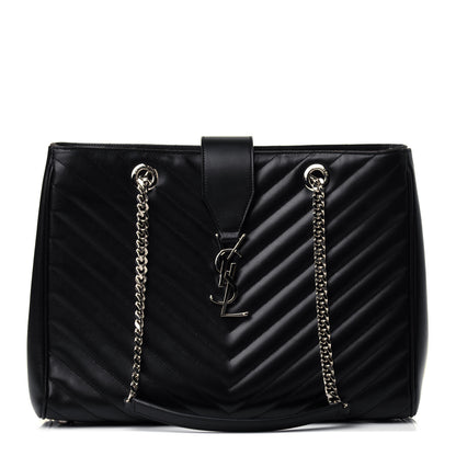 Saint Laurent Smooth Calfskin Matelasse Chevron Large Monogram Shopping Bag Black 1 of 4