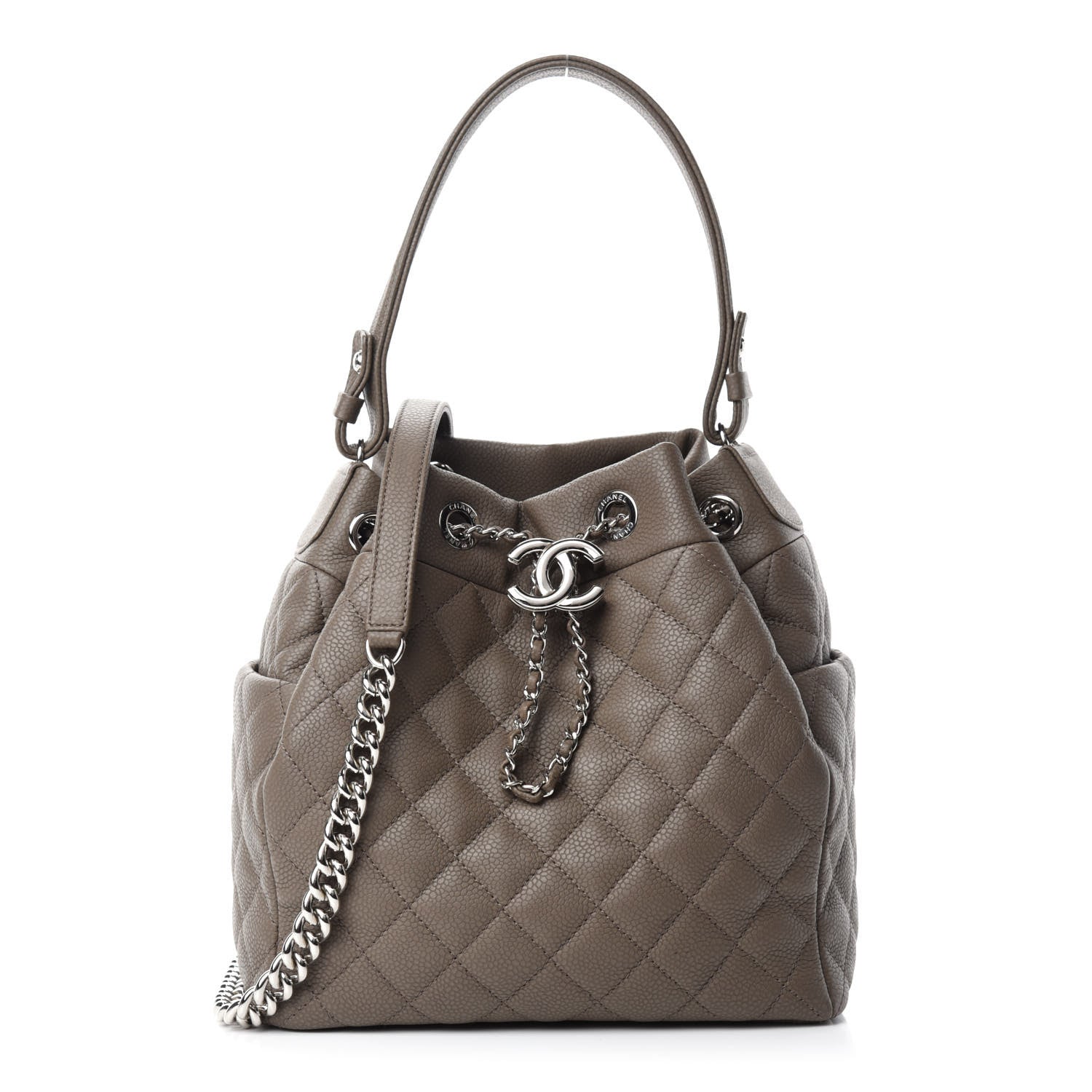Chanel Grained Calfskin Quilted Small Chain Bucket Bag Khaki 1 of 11