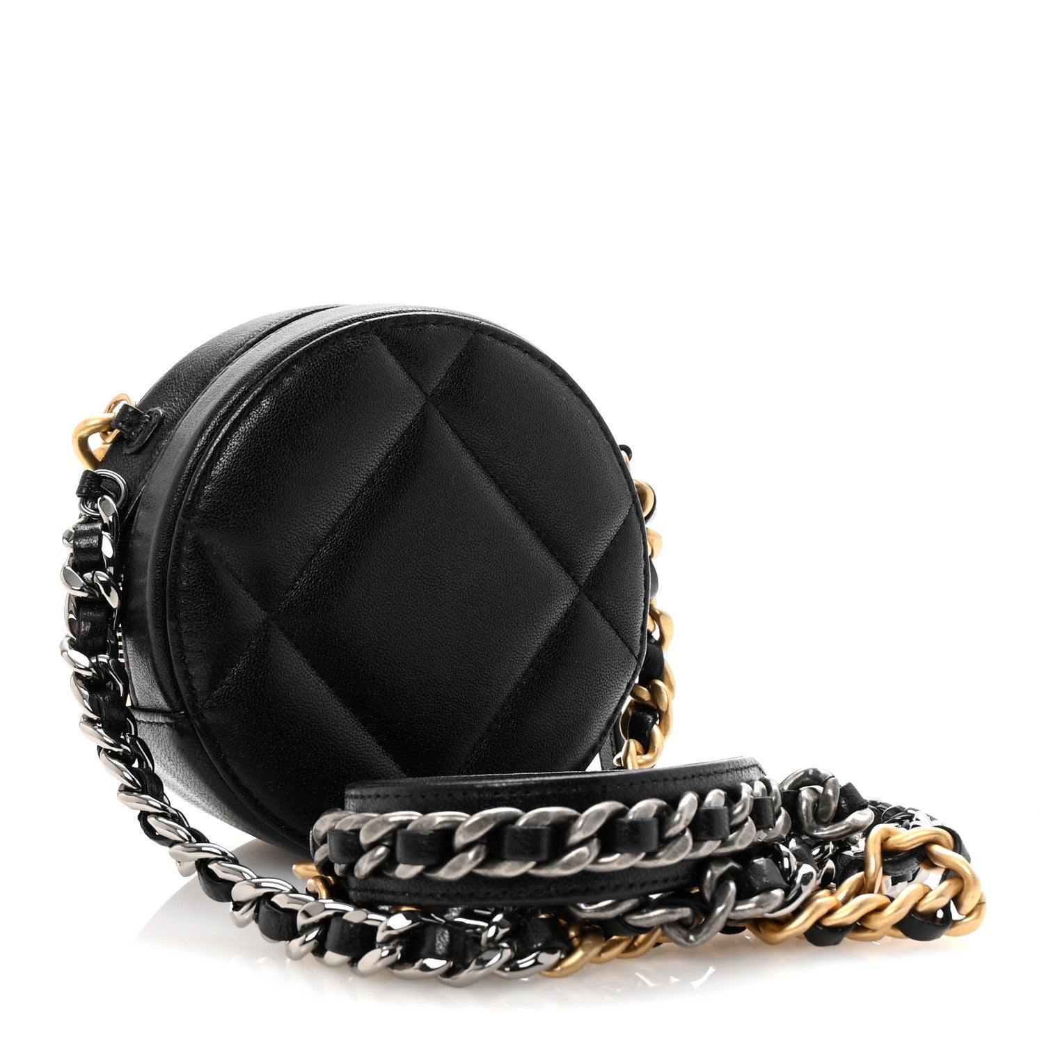 Chanel Shiny Goatskin Quilted Chanel 19 Round Clutch With Chain Black 3 of 10