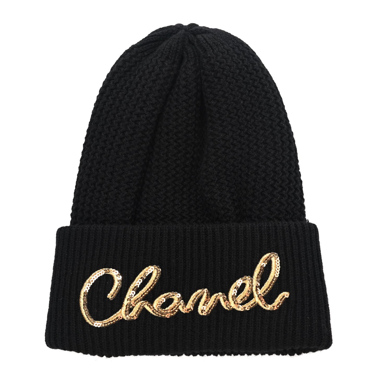 Cashmere Sequin Logo Beanie Hat Black Gold