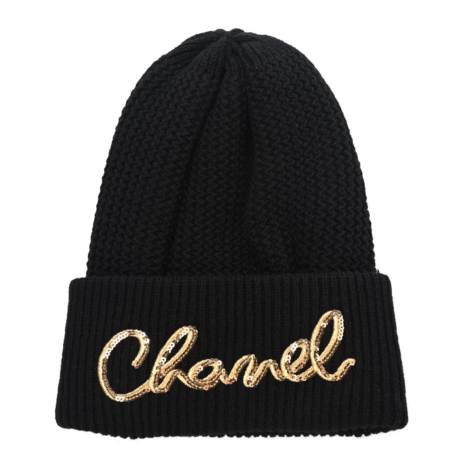 Chanel Cashmere Sequin Logo Beanie Hat Black Gold 1 of 6