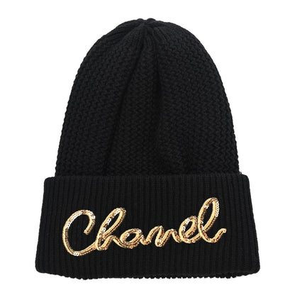 Chanel Cashmere Sequin Logo Beanie Hat Black Gold 1 of 6