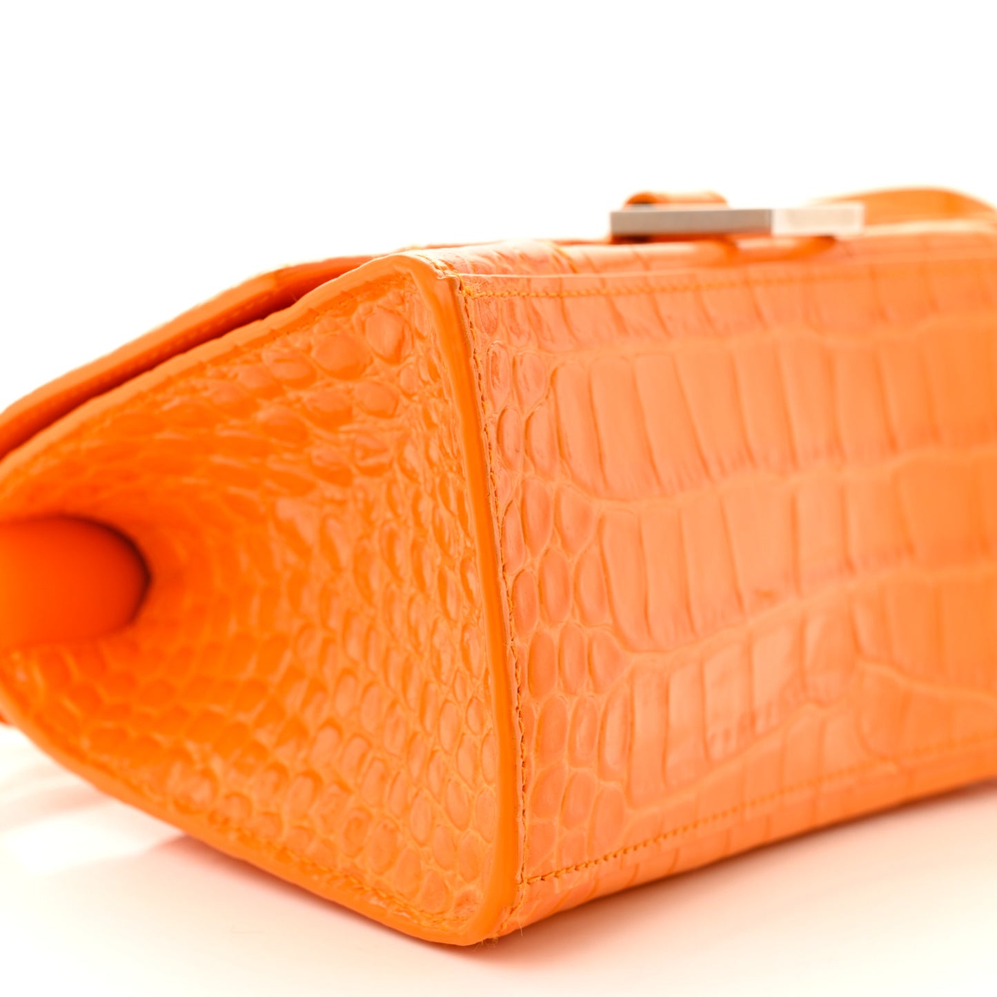 Shiny Calfskin Crocodile Embossed Small Hourglass Top Handle Bag Pop Orange
