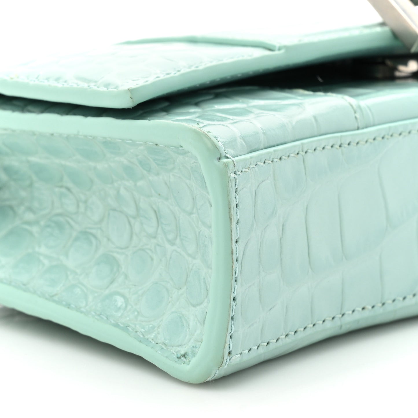 Shiny Calfskin Crocodile Embossed Hourglass Chain Bag Green Acqua