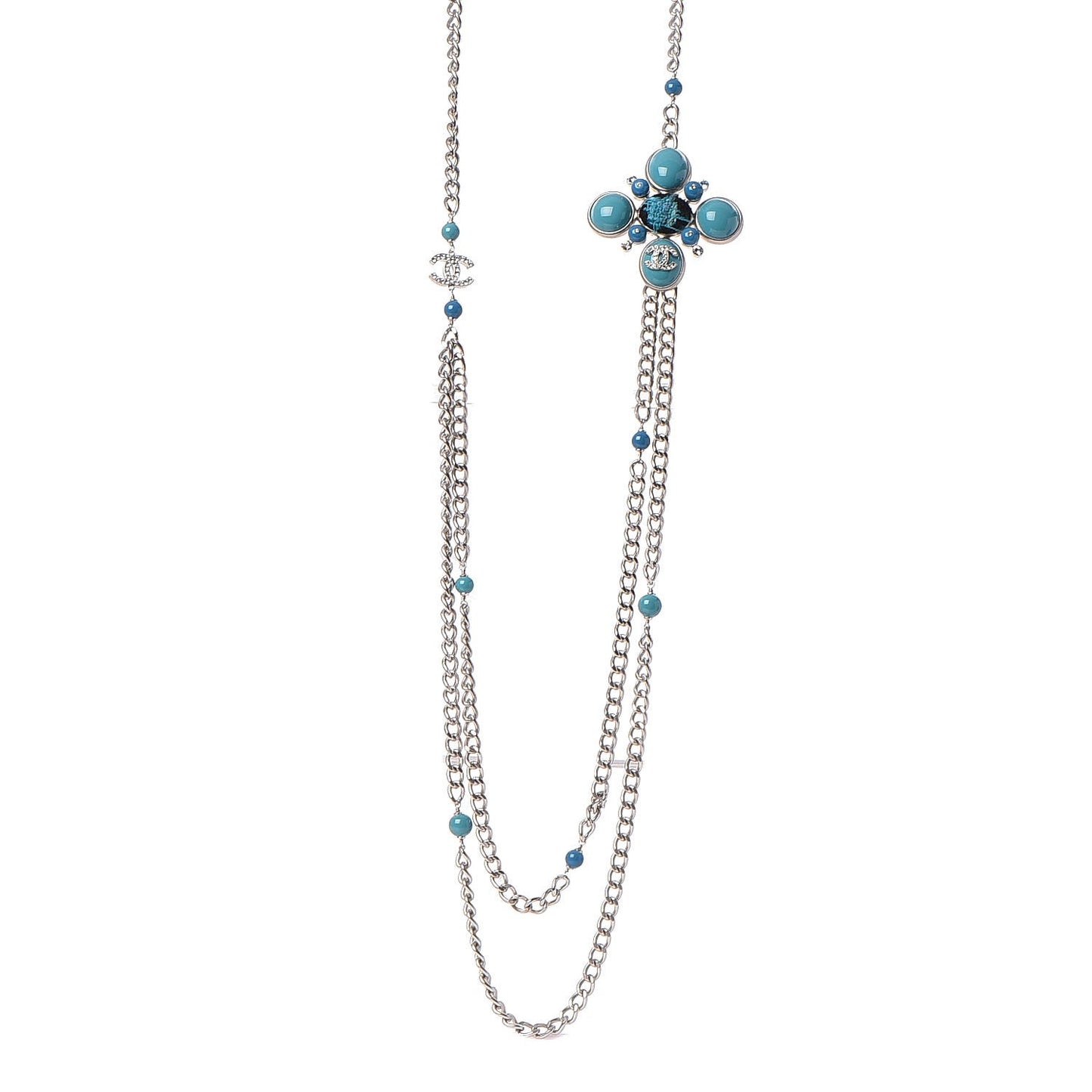 Resin Tweed Crystal Beaded Medallion Necklace Turquoise Silver