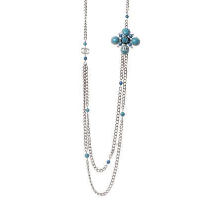 Chanel Resin Tweed Crystal Beaded Medallion Necklace Turquoise Silver 1 of 7
