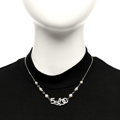 Chanel Pearl Crystal CC Clover No 5 Short Necklace Silver White 2 of 5